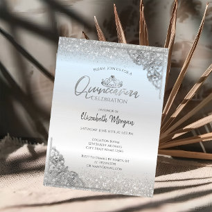 Chic Silver Tiara,Silver Dust Frame Quinceañera Invitation