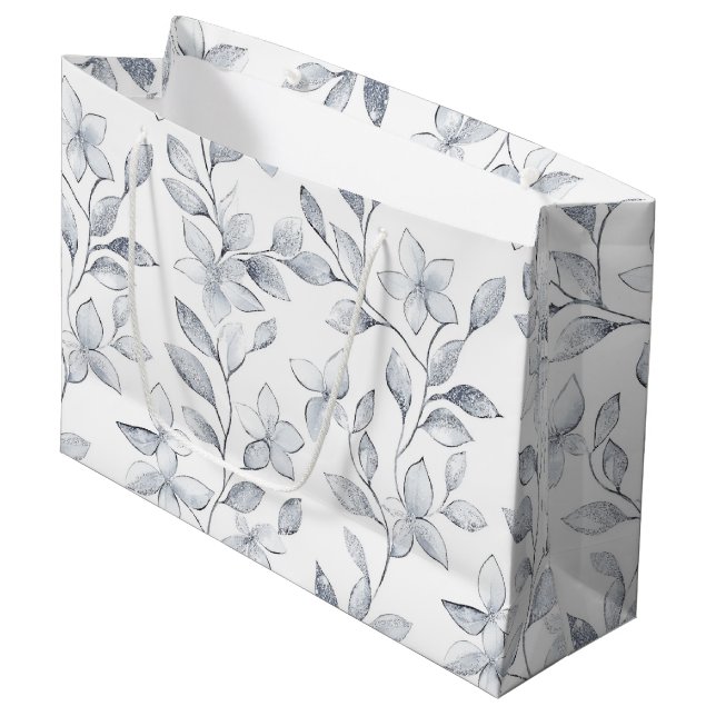 Chic Silver White Floral Wedding Large Gift Bag (Front Angled)