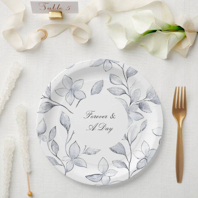 Chic Silver White Floral Wedding Paper Plate (Wedding)