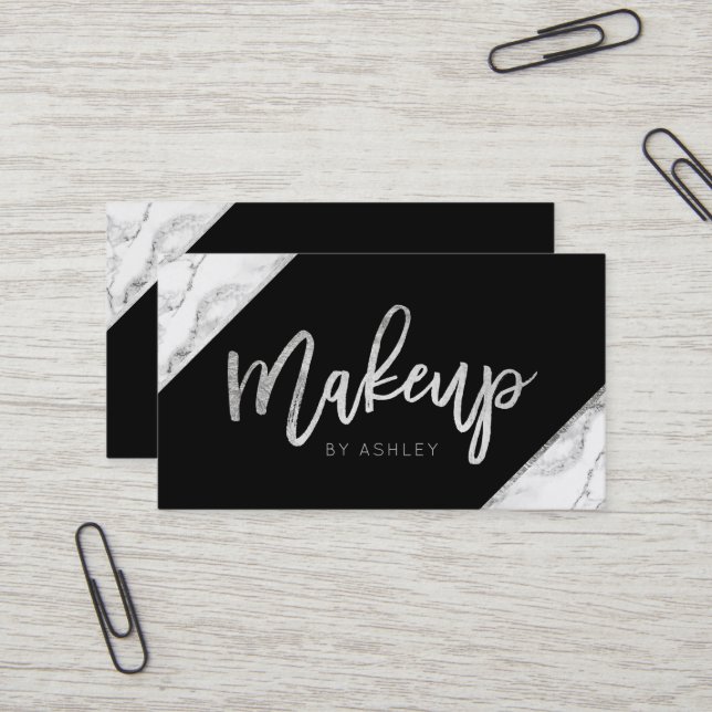 Chic silver white marble script makeup typography business card (Front/Back In Situ)