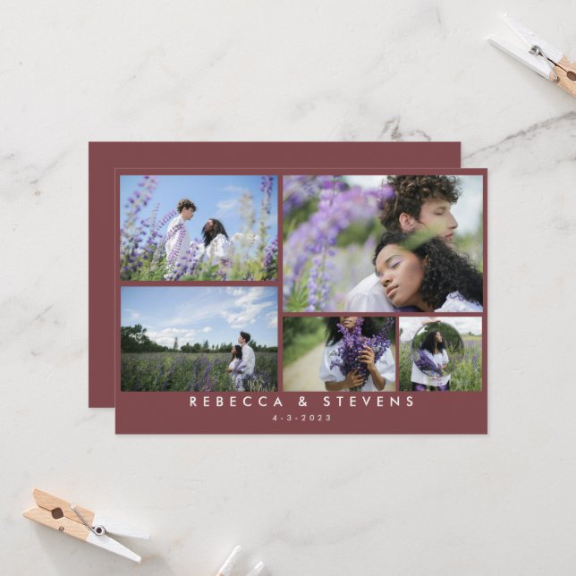 Chic Simple 5 Photo Collage Brick Red Wedding Invitation (Front/Back In Situ)