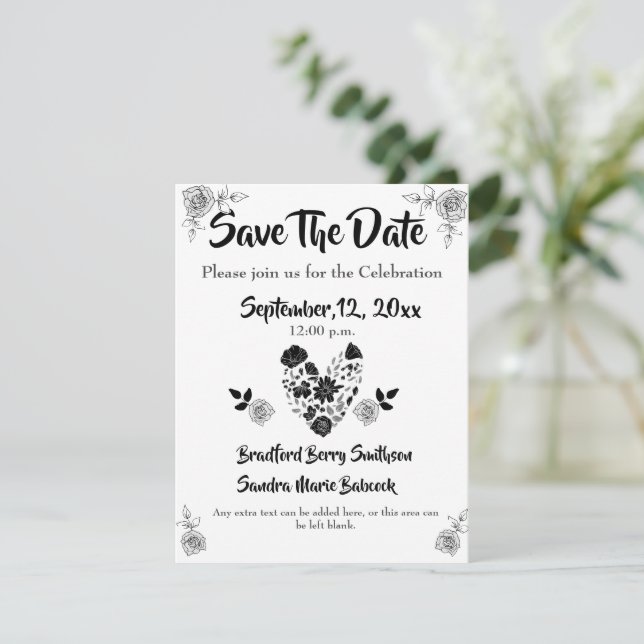 Chic Simple Black and White Floral Heart Wedding Save The Date (Standing Front)