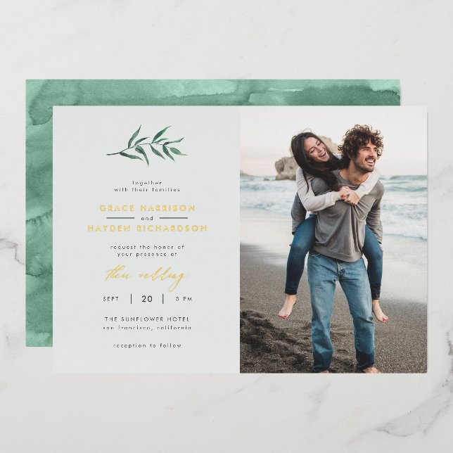 Chic Simple Blue & Green Branch Wedding Photo (Front/Back)