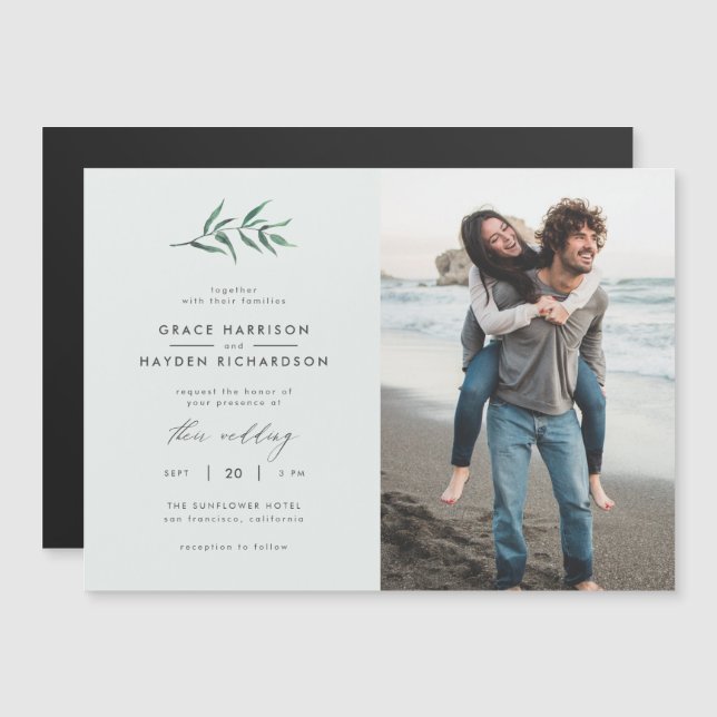 Chic Simple Blue & Green Branch Wedding Photo Magnetic Invitation (Front/Back)