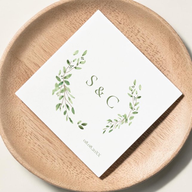 Chic Simple Custom Monogram Wreath Wedding  Napkin (Monogram greenery, wedding napkins)