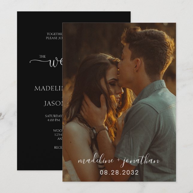 Chic Simple Elegant Script Black Photo Wedding Invitation (Front/Back)