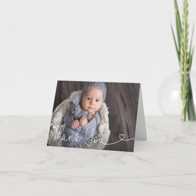 Chic Simple Heart script Baby Boy shower Thank You Card (Front)
