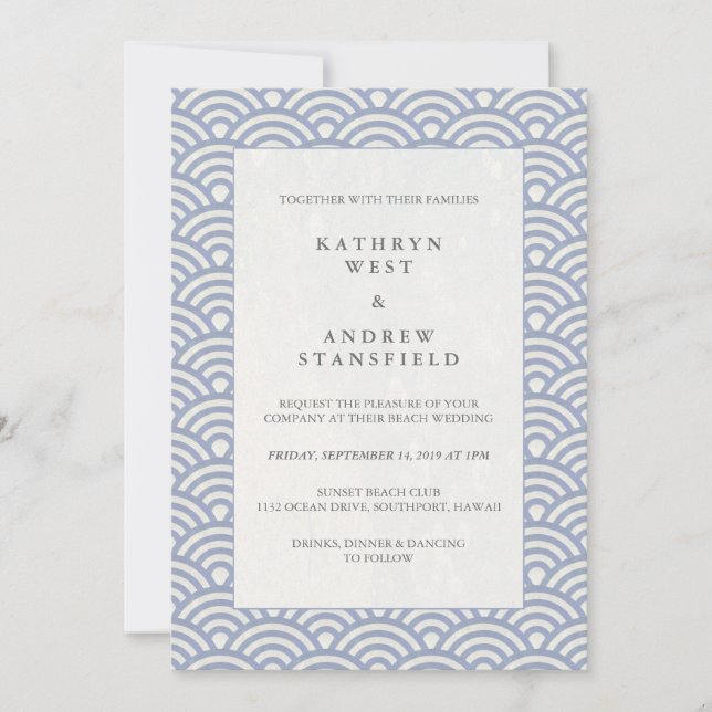 Chic Simple Japanese Seigaiha Waves Beach Wedding Invitation (Front)