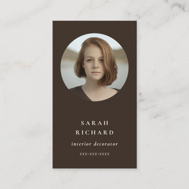 Chic Simple Minimal Dark Brown Professional Photo Business Card (Front)