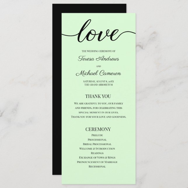 Chic Simple Mint green Wedding Love Script Program (Front/Back)