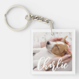 Chic Simple Modern Dog Name 2 Photo Keychain