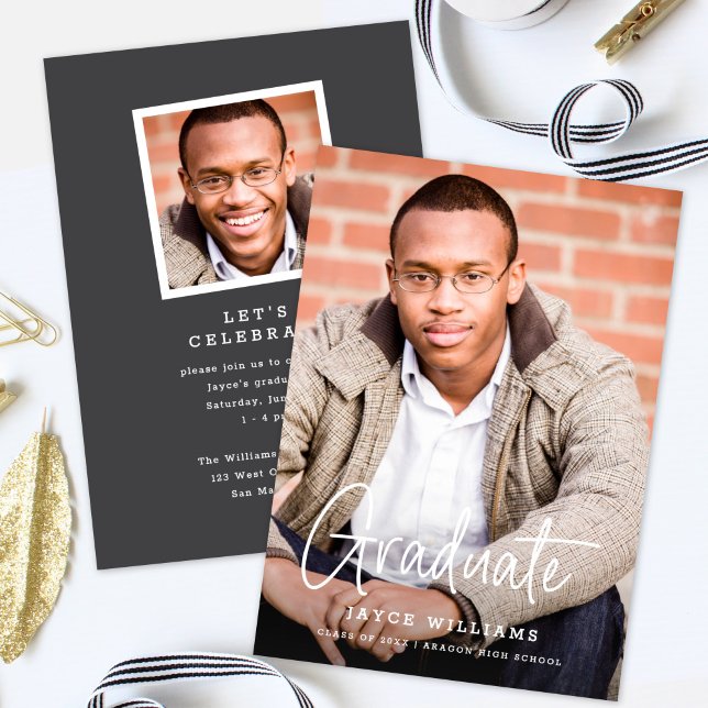 Chic Simple Modern Script Two Photo Graduation Announcement (Creator Uploaded)