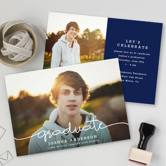 Chic Simple Modern Script Two Photo Graduation Announcement (Creator Uploaded)