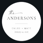 Chic   Simple Modern Script Wedding Favour Sticker<br><div class="desc">These simple, modern round stickers are the perfect touch for your wedding favours or gift bags! Featuring a handwritten script font paired with simple serif and sans serif fonts. Customize the stickers with your new last name, the couple's names, and the date or your own sub-text. If you love this...</div>