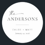 Chic   Simple Modern Script Wedding Favour Sticker<br><div class="desc">These simple, modern round stickers are the perfect touch for your wedding favours or gift bags! Featuring a handwritten script font paired with simple serif and sans serif fonts. Customize the stickers with your new last name, the couple's names, and the date or your own sub-text. If you love this...</div>