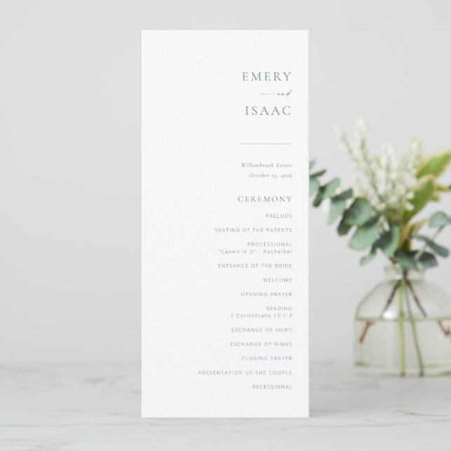 Chic + Simple Modern Script Wedding Program | Blue (Standing Front)
