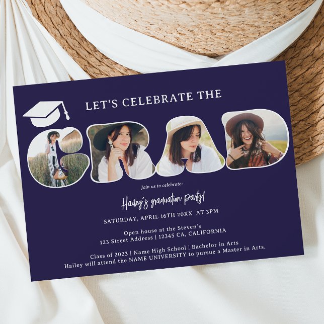 Chic Simple navy blue 3 photos script graduation Invitation (Creator Uploaded)