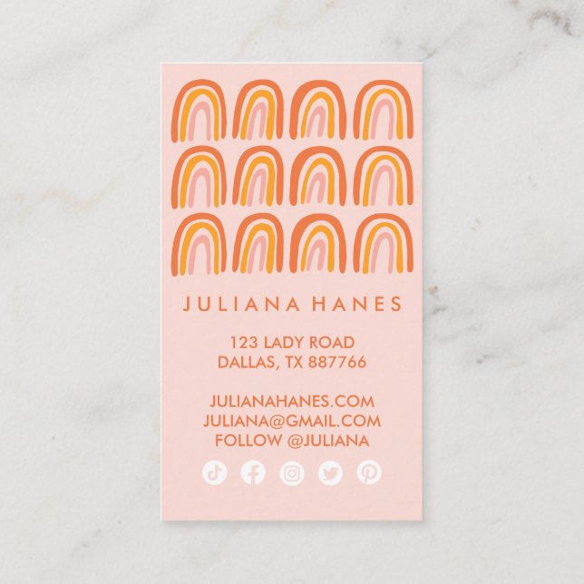 Chic Simple Pink Orange Rainbows Social Icons Loyalty Card (Back)