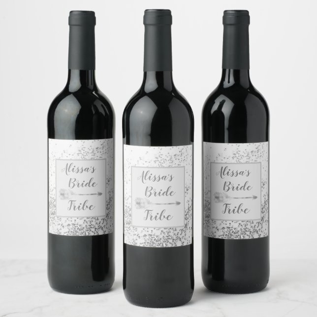 Chic Siver Confetti Personalized Bride Tribe Wine Label (Bottles)