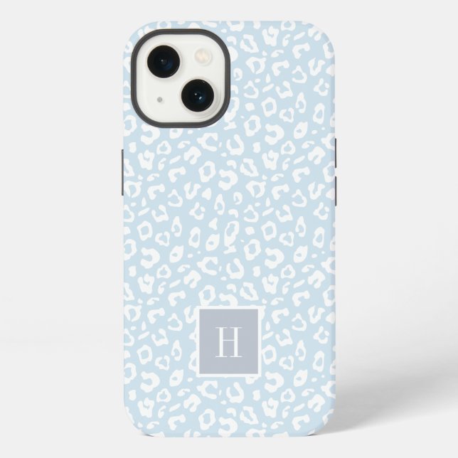 Chic Sky Blue Leopard Print Monogram iPhone Case (Back)