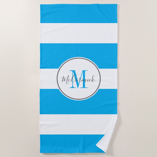 Chic Sky Blue White Stripes Monogram Personalized Beach Towel (Front)