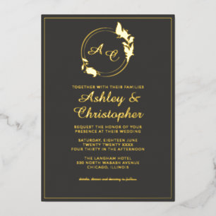 Chic Slate Grey Leaf Monogram Photo Wedding Gold