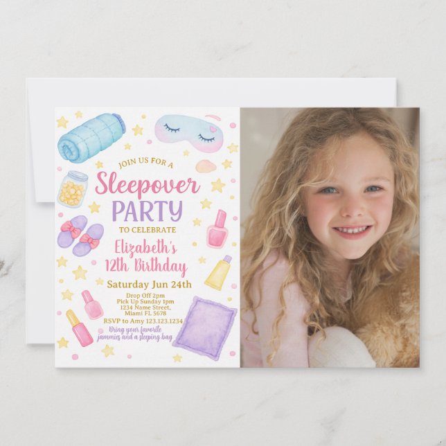 Chic Sleepover Birthday Invitation with photo (Front)