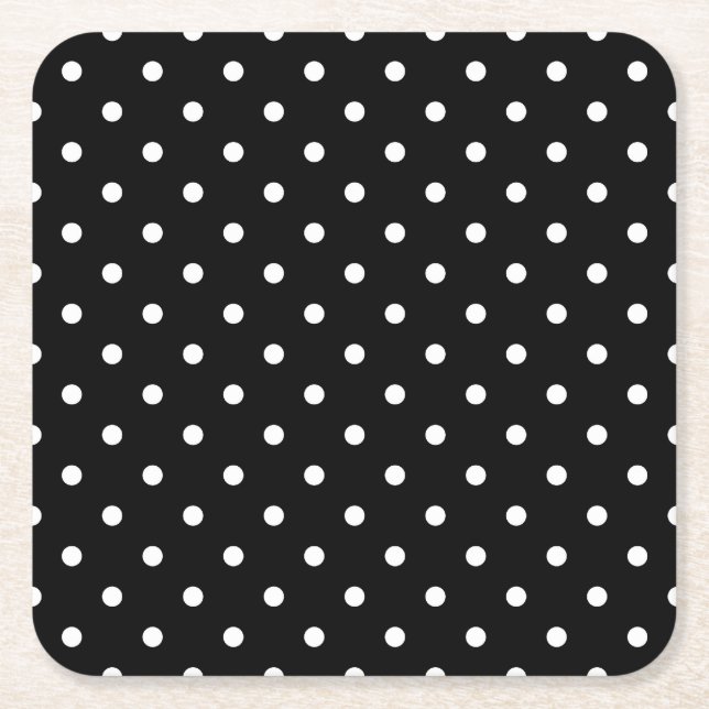 Chic Small White Polka dots black background Square Paper Coaster (Front)