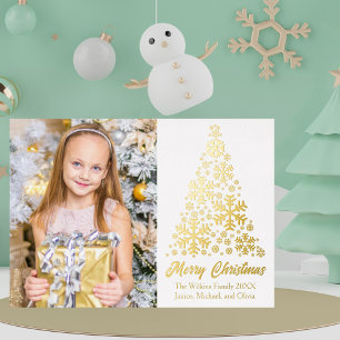 Chic Snowflakes Christmas Tree Family Photo Gold Foil Holiday Card