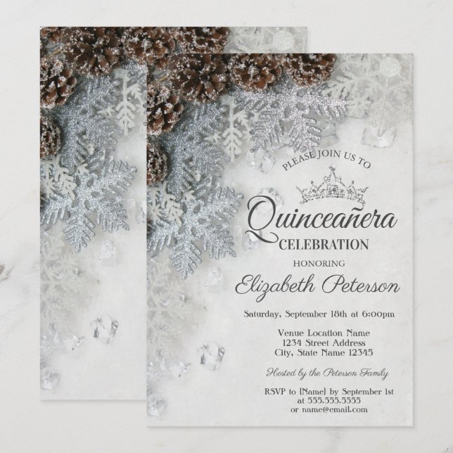 Chic Snowflakes Pine Cones Quinceañera  Invitation (Front/Back)