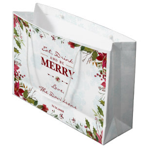 Chic Snowflakes Poinsettia Eat Drink & be Merry Large Gift Bag
