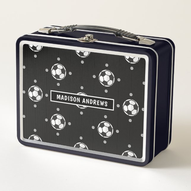 Chic Soccer Football Personalized Name Metal Lunch Box (Front)