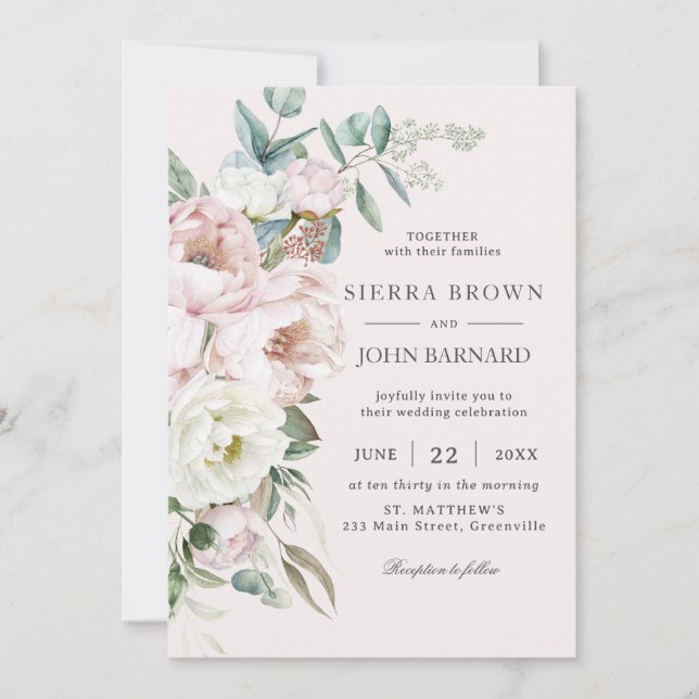 Chic Soft Blush Pink Ivory Peonies Floral Wedding Invitation (Front)
