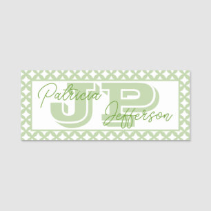 Chic Soft Light Green Mesh Border Elegant Monogram Name Tag