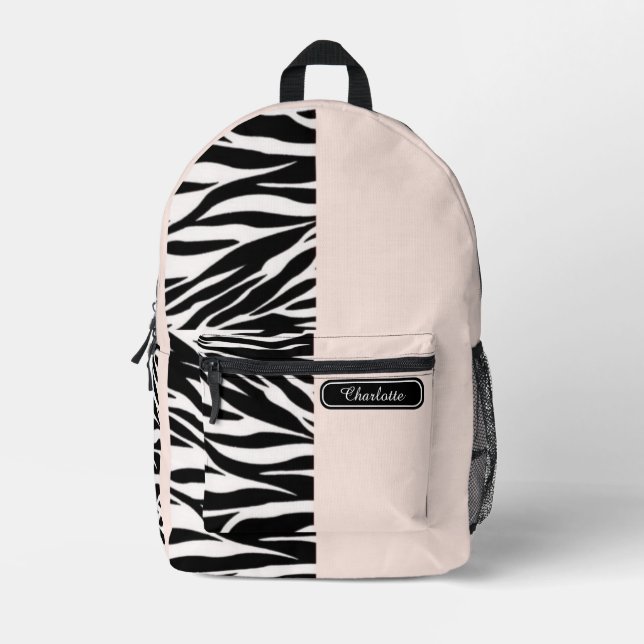 Chic Soft Peach Black and White Zebra Print Teens Printed Backpack (Front)