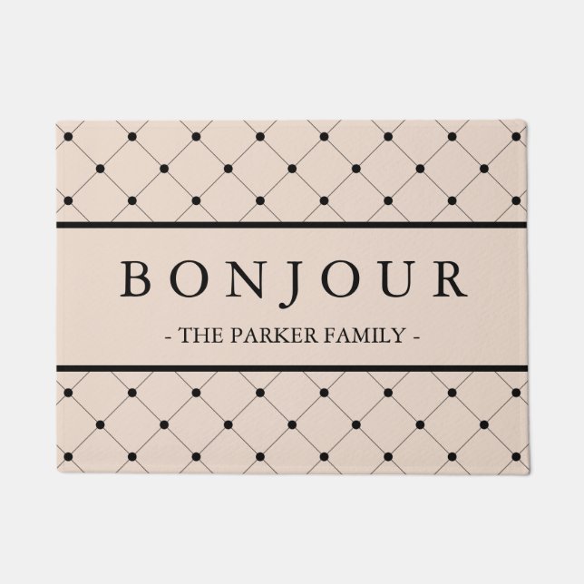 Chic Soft Pink Bonjour with Black Dotted Pattern Doormat (Front)