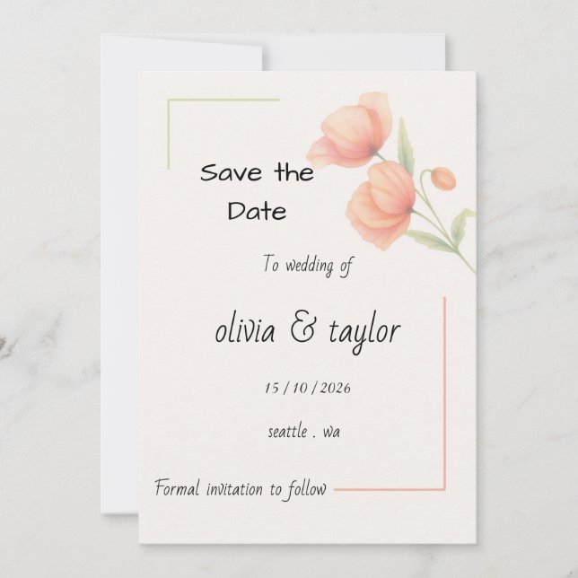 Chic Soft Sage Green and Peach Floral Save The Dat Date (Front)