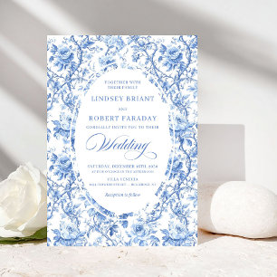Chic Sophisticated Navy Toile Rose Classic Wedding Invitation