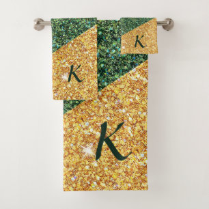 Chic Sparkle Glam Teal Gold Glitter Initials  Bath Towel Set
