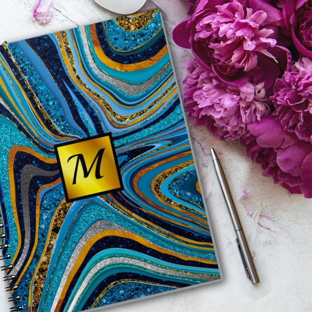 Chic Sparkle Glitter marble art blue gold monogram Notebook (Creator Uploaded)