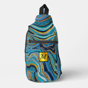 Chic Sparkle Glitter marble art blue gold monogram Sling Bag