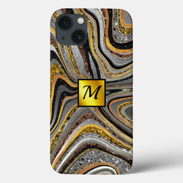 Chic Sparkle Glitter marble art grey gold monogram Case-Mate iPhone Case (Back)