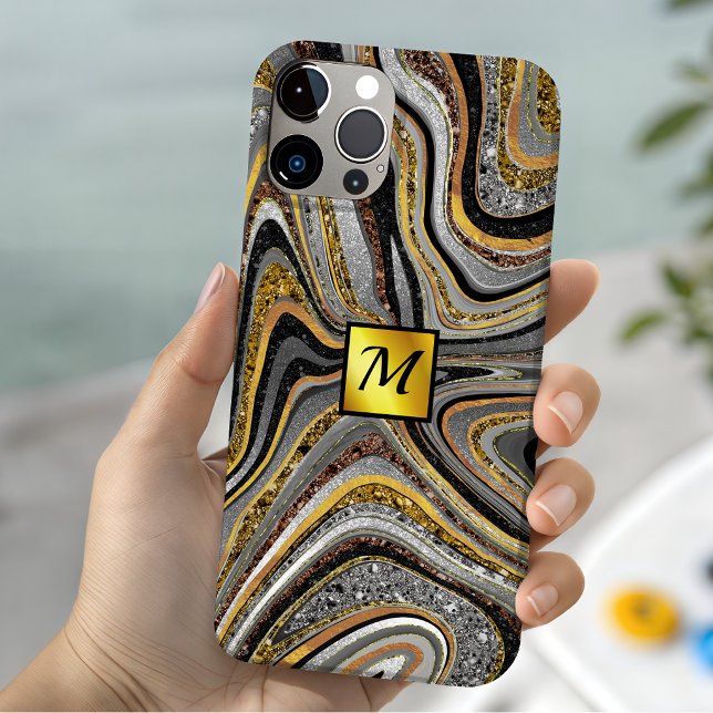Chic Sparkle Glitter marble art grey gold monogram iPhone Case (Creator Uploaded)