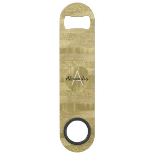 Chic Sparkle Gold Stripes Monogram Speed Bottle Opener