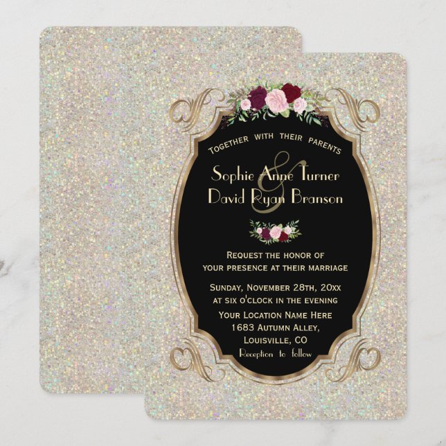 Chic Sparkles Gold Sequins Floral Wedding Invite (Front/Back)