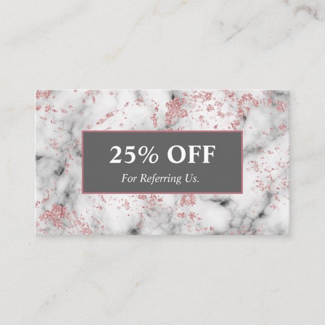 Chic sparkling rose gold marble salon spa discount referral card (Front)
