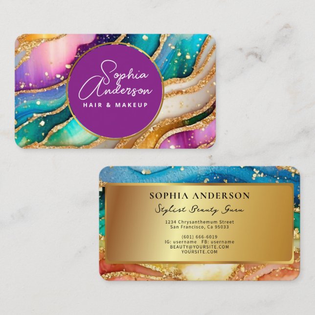 Chic Sparkly Glitter Golden Rainbow Agate Glamour Business Card (Front/Back)