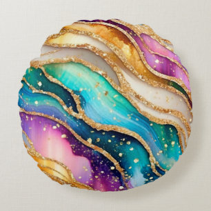 Chic Sparkly Glitter Golden Rainbow Agate Glamour  Round Pillow