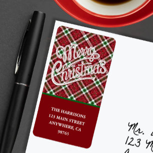 Chic Sparkly Plaid Merry Christmas Return Address Label