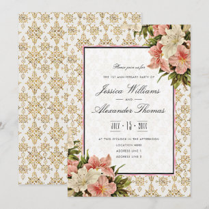 Chic Spring Bouquet & Gold Glitter 1st Anniversary Invitation